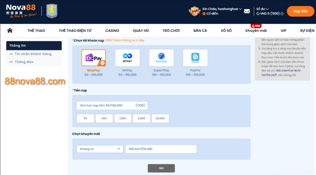  Điền thông tin vào biểu mẫu nạp tiền Nova88 qua Ngân hàng trong nước